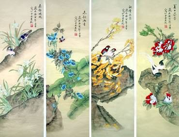 Chinese Four Screens of Flowers and Birds Painting,33cm x 110cm,2702035-x