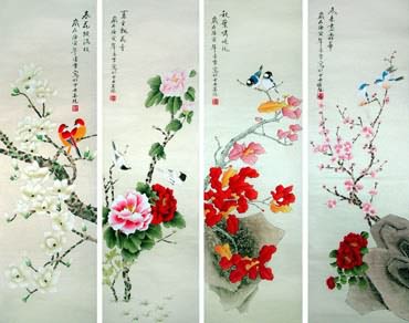 Chinese Four Screens of Flowers and Birds Painting,33cm x 110cm,2702036-x
