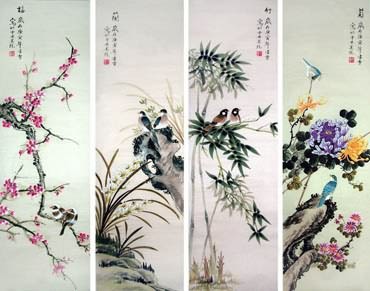 Chinese Four Screens of Flowers and Birds Painting,33cm x 110cm,2702037-x