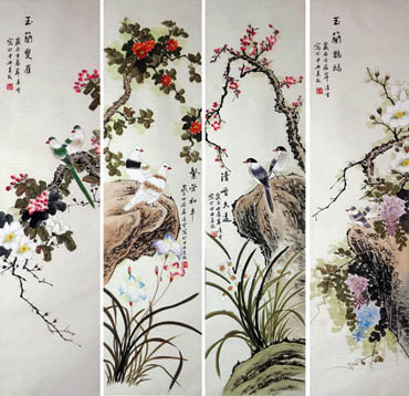 Chinese Four Screens of Flowers and Birds Painting,33cm x 110cm,2702038-x