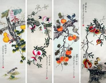 Chinese Four Screens of Flowers and Birds Painting,33cm x 110cm,2702039-x