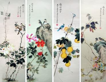 Chinese Four Screens of Flowers and Birds Painting,33cm x 110cm,2702040-x