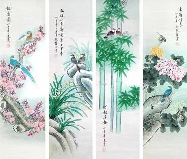 Chinese Four Screens of Flowers and Birds Painting,34cm x 138cm,2703079-x