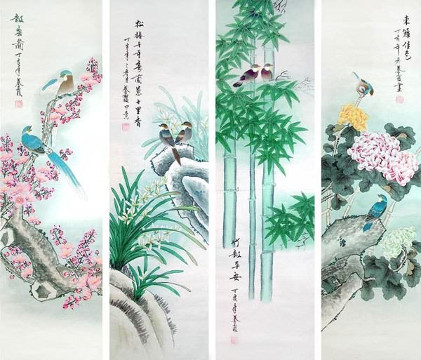 Four Screens of Flowers and Birds,34cm x 138cm(13〃 x 54〃),2703079-z