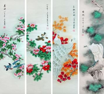 Chinese Four Screens of Flowers and Birds Painting,33cm x 130cm,2703082-x