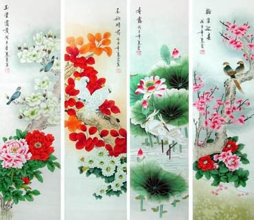Chinese Four Screens of Flowers and Birds Painting,34cm x 138cm,2703084-x