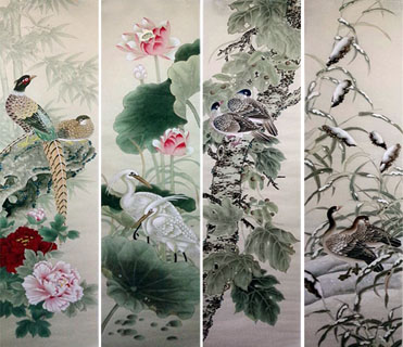Chinese Four Screens of Flowers and Birds Painting,33cm x 130cm,2802002-x