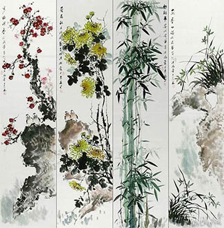 Chinese Four Screens of Flowers and Birds Painting,35cm x 136cm,dq21158003-x