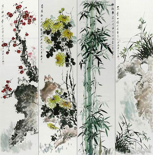 Four Screens of Flowers and Birds,35cm x 136cm(14〃 x 53〃),dq21158003-z