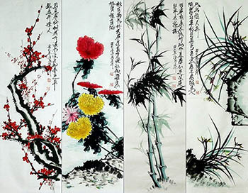 Chinese Four Screens of Flowers and Birds Painting,33cm x 102cm,dq21158004-x