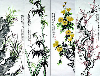 Chinese Four Screens of Flowers and Birds Painting,33cm x 102cm,dq21158006-x