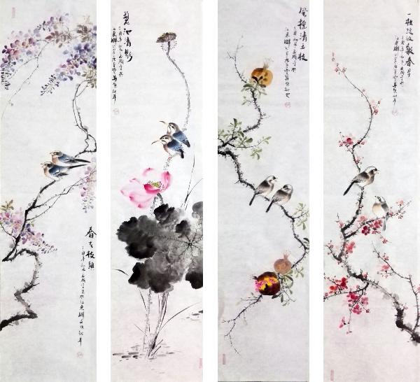 Four Screens of Flowers and Birds,34cm x 138cm(13〃 x 54〃),dyc21099058-z