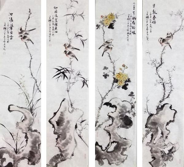 Four Screens of Flowers and Birds,34cm x 138cm(13〃 x 54〃),dyc21099059-z