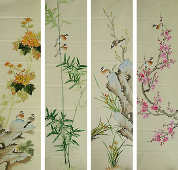 Chinese Four Screens of Flowers and Birds Painting,35cm x 136cm,ly21089008-x