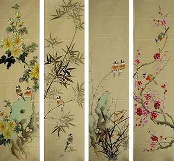 Chinese Four Screens of Flowers and Birds Painting,35cm x 136cm,ly21089009-x