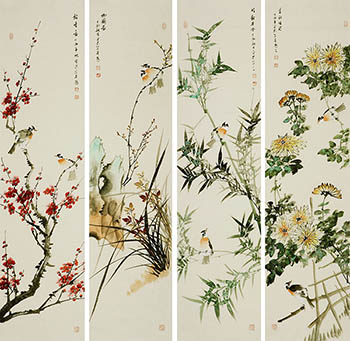 Chinese Four Screens of Flowers and Birds Painting,35cm x 136cm,ly21089011-x
