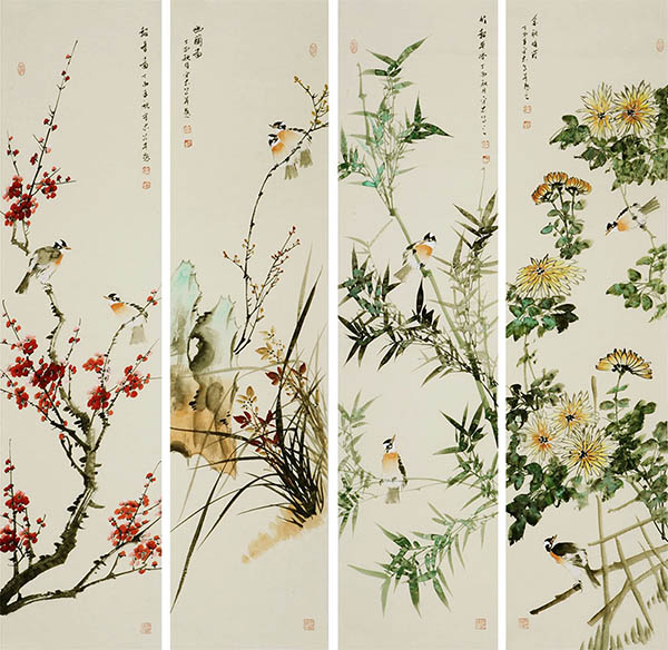Four Screens of Flowers and Birds,35cm x 136cm(14〃 x 53〃),ly21089011-z