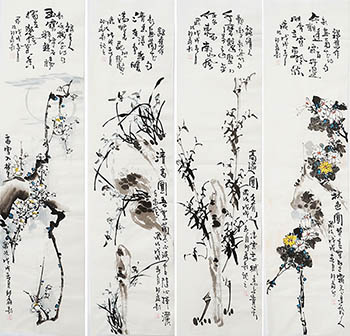 Chinese Four Screens of Flowers and Birds Painting,35cm x 136cm,sl21145003-x