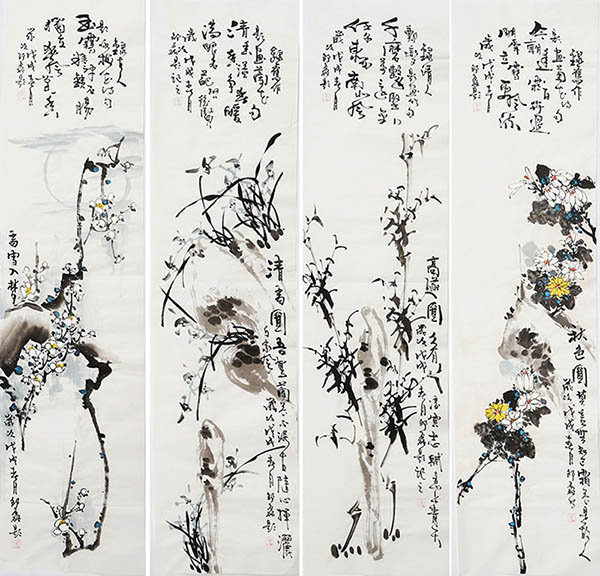 Four Screens of Flowers and Birds,35cm x 136cm(14〃 x 53〃),sl21145003-z