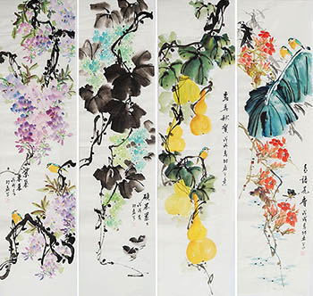 Chinese Four Screens of Flowers and Birds Painting,35cm x 136cm,sl21145004-x