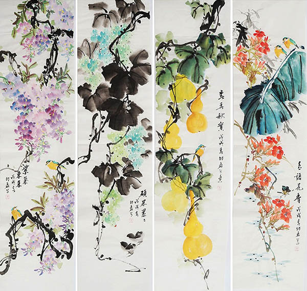Four Screens of Flowers and Birds,35cm x 136cm(14〃 x 53〃),sl21145004-z