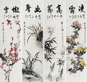 Chinese Four Screens of Flowers and Birds Painting,35cm x 136cm,sl21145005-x