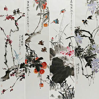 Chinese Four Screens of Flowers and Birds Painting,33cm x 130cm,syq21141024-x