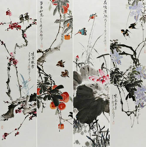 Four Screens of Flowers and Birds,33cm x 130cm(13〃 x 51〃),syq21141024-z