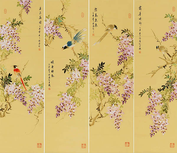 Four Screens of Flowers and Birds,32cm x 120cm(13〃 x 47〃),xm21184012-z