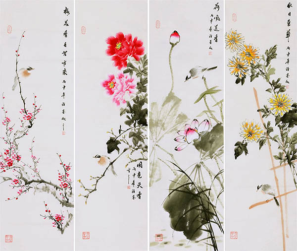 Four Screens of Flowers and Birds,34cm x 120cm(13〃 x 47〃),xm21184013-z