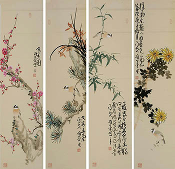 Chinese Four Screens of Flowers and Birds Painting,35cm x 136cm,xm21184014-x