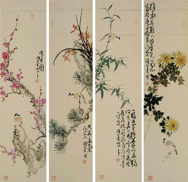 Four Screens of Flowers and Birds,35cm x 136cm(14〃 x 53〃),xm21184014-z