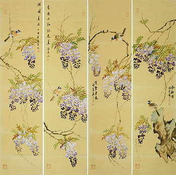 Chinese Four Screens of Flowers and Birds Painting,35cm x 136cm,xm21184015-x