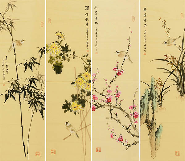 Four Screens of Flowers and Birds,33cm x 117cm(13〃 x 46〃),xm21184016-z