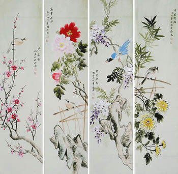 Chinese Four Screens of Flowers and Birds Painting,35cm x 136cm,zga21210013-x
