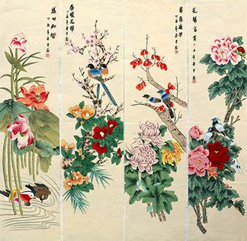 Chinese Four Screens of Flowers and Birds Painting,35cm x 136cm,zjp21110015-x