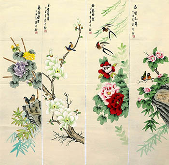 Chinese Four Screens of Flowers and Birds Painting,35cm x 136cm,zjp21110016-x