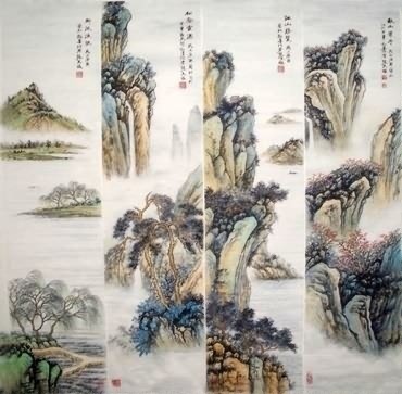 Chinese Four Screens of Landscapes Painting,35cm x 136cm,1006085-x