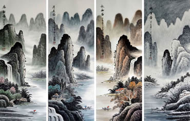Chinese Four Screens of Landscapes Painting,34cm x 90cm,1057009-x