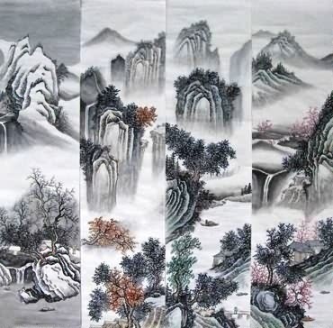 Chinese Four Screens of Landscapes Painting,35cm x 136cm,1101002-x