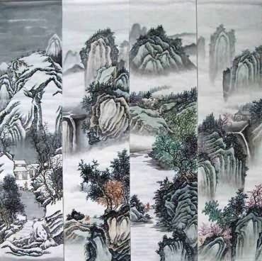 Chinese Four Screens of Landscapes Painting,35cm x 136cm,1101003-x