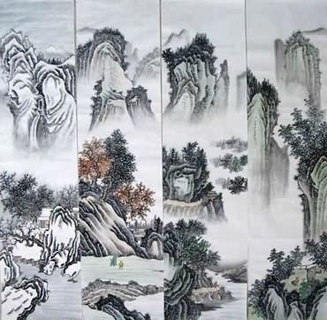 Chinese Four Screens of Landscapes Painting,35cm x 136cm,1101005-x
