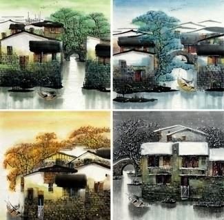 Chinese Four Screens of Landscapes Painting,50cm x 50cm,1464001-x