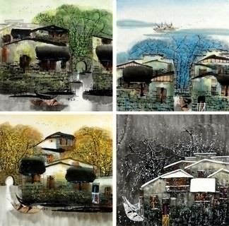 Chinese Four Screens of Landscapes Painting,50cm x 50cm,1464005-x