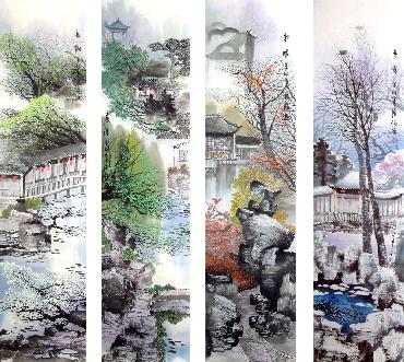 Chinese Four Screens of Landscapes Painting,33cm x 130cm,gj11098008-x