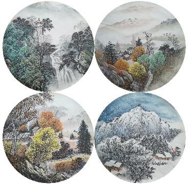Chinese Four Screens of Landscapes Painting,50cm x 50cm,lz11095001-x