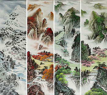 Chinese Four Screens of Landscapes Painting,50cm x 180cm,lzw11223001-x