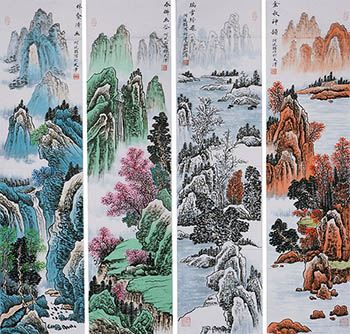 Chinese Four Screens of Landscapes Painting,35cm x 136cm,lzw11223002-x