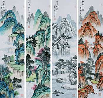 Chinese Four Screens of Landscapes Painting,35cm x 136cm,lzw11223004-x