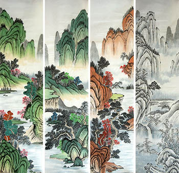 Chinese Four Screens of Landscapes Painting,35cm x 136cm,lzw11223005-x